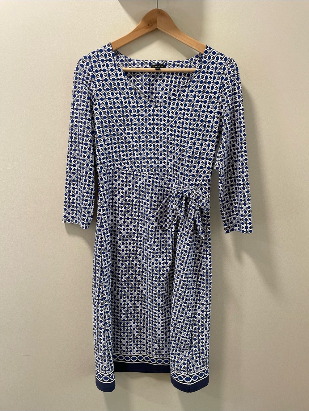 Blue and White Talbots Geometric Tie-Waist Women’s Dress Small